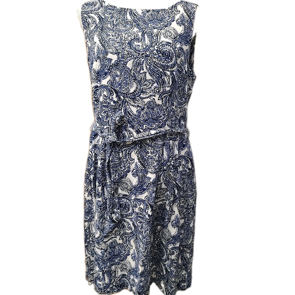 Anne Klein Dress Sz 12 Blue White Paisley Belt Linen Blend Pockets Coastal Midi